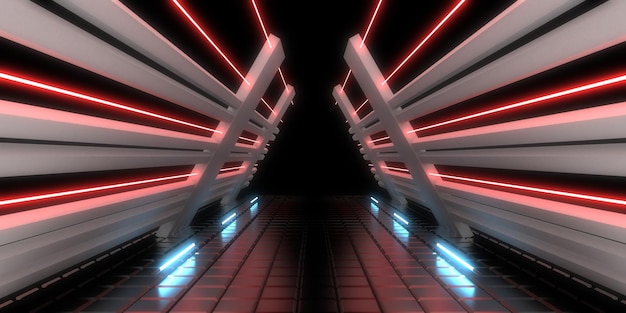 3D-abstrakter Hintergrund mit Neonlichtern Neon-Tunnelraumbau 3D-Darstellung