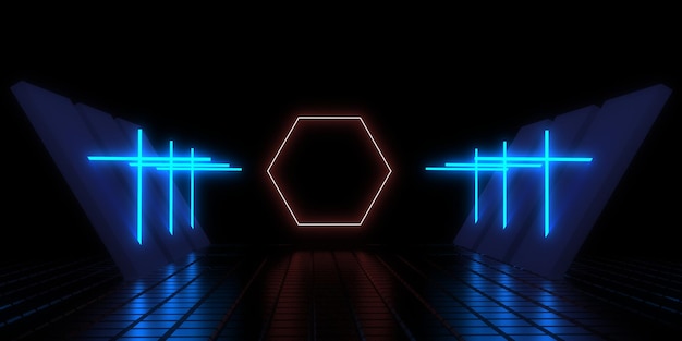 3D-abstrakter Hintergrund mit Neonlichtern Neon-Tunnelraumbau 3D-Darstellung