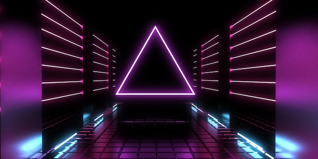 3D-abstrakter Hintergrund mit Neonlichtern Neon-Tunnelraumbau 3D-Darstellung