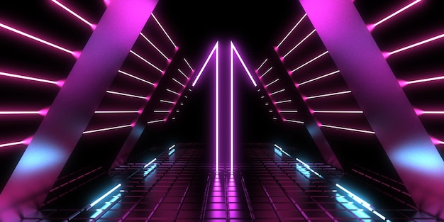 3D-abstrakter Hintergrund mit Neonlichtern Neon-Tunnelraumbau 3D-Darstellung