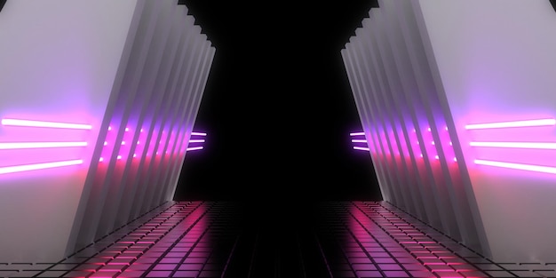 3D-abstrakter Hintergrund mit Neonlichtern Neon-Tunnelraumbau 3D-Darstellung