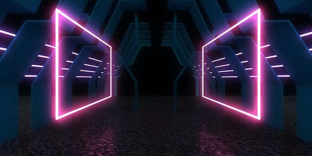 3D-abstrakter Hintergrund mit Neonlichtern Neon-Tunnelraumbau 3D-Darstellung