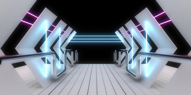 3D-abstrakter Hintergrund mit Neonlichtern Neon-Tunnelraumbau 3D-Darstellung