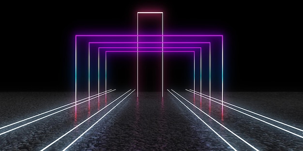 3D-abstrakter Hintergrund mit Neonlichtern Neon-Tunnelraumbau 3D-Darstellung