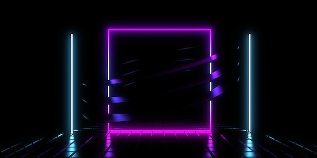 3D-abstrakter Hintergrund mit Neonlichtern Neon-Tunnelraumbau 3D-Darstellung