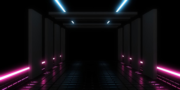 3D-abstrakter Hintergrund mit Neonlichtern Neon-Tunnelraumbau 3D-Darstellung