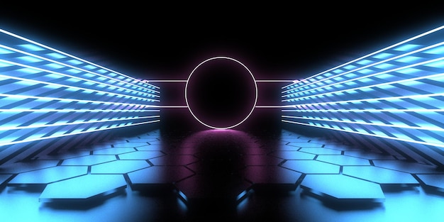 3D-abstrakter Hintergrund mit Neonlichtern Neon-Tunnelraumbau 3D-Darstellung