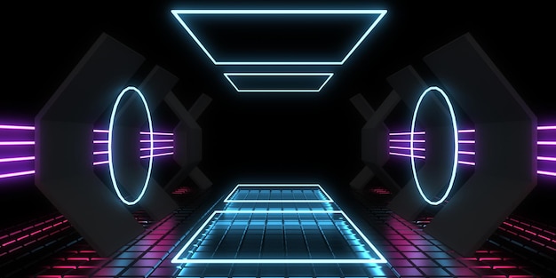 3D-abstrakter Hintergrund mit Neonlichtern Neon-Tunnelraumbau 3D-Darstellung