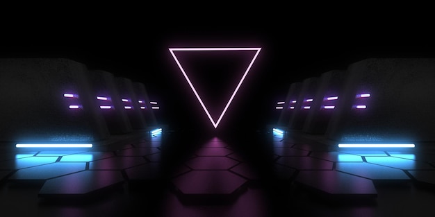 3D-abstrakter Hintergrund mit Neonlichtern Neon-Tunnelraumbau 3D-Darstellung