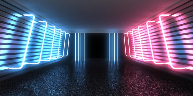 3D-abstrakter Hintergrund mit Neonlichtern Neon-Tunnelraumbau 3D-Darstellung