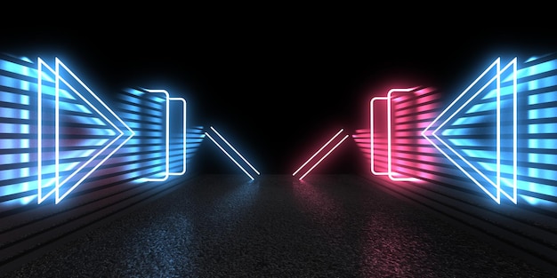 3D-abstrakter Hintergrund mit Neonlichtern Neon-Tunnelraumbau 3D-Darstellung