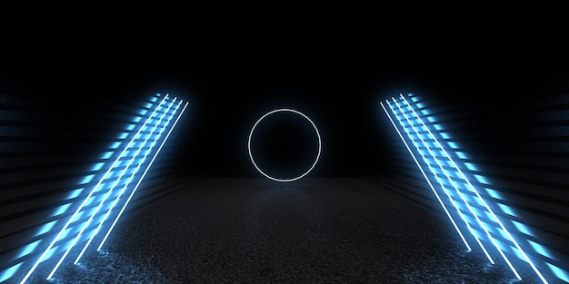 3D-abstrakter Hintergrund mit Neonlichtern Neon-Tunnelraumbau 3D-Darstellung