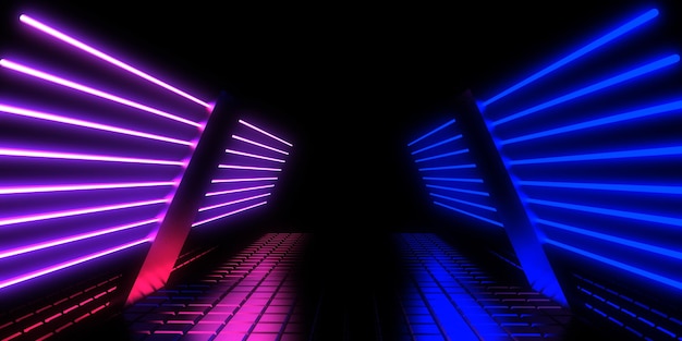 3D-abstrakter Hintergrund mit Neonlichtern Neon-Tunnelraumbau 3D-Darstellung