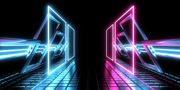 3D-abstrakter Hintergrund mit Neonlichtern Neon-Tunnelraumbau 3D-Darstellung