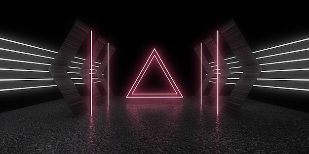 3D-abstrakter Hintergrund mit Neonlichtern Neon-Tunnelraumbau 3D-Darstellung