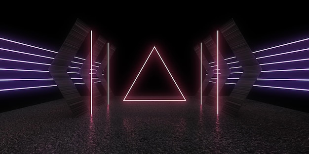 3D-abstrakter Hintergrund mit Neonlichtern Neon-Tunnelraumbau 3D-Darstellung