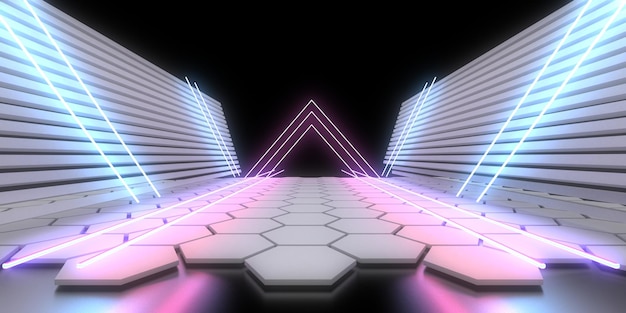 3D-abstrakter Hintergrund mit Neonlichtern Neon-Tunnelraumbau 3D-Darstellung