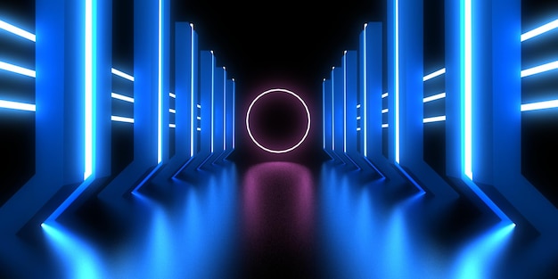 3D-abstrakter Hintergrund mit Neonlichtern Neon-Tunnelraumbau 3D-Darstellung