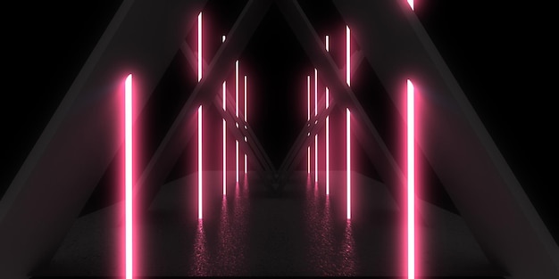 3D-abstrakter Hintergrund mit Neonlichtern Neon-Tunnelraumbau 3D-Darstellung