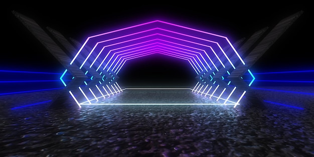 3D-abstrakter Hintergrund mit Neonlichtern Neon-Tunnelraumbau 3D-Darstellung