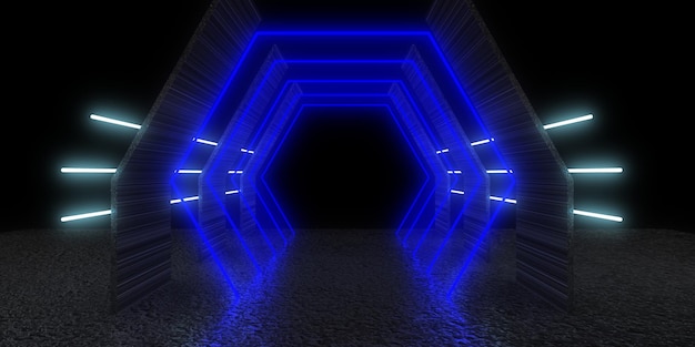 Foto 3d-abstrakter hintergrund mit neonlichtern neon-tunnelraumbau 3d-darstellung