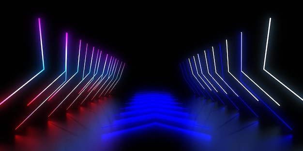 Foto 3d-abstrakter hintergrund mit neonlichtern neon-tunnelraumbau 3d-darstellung