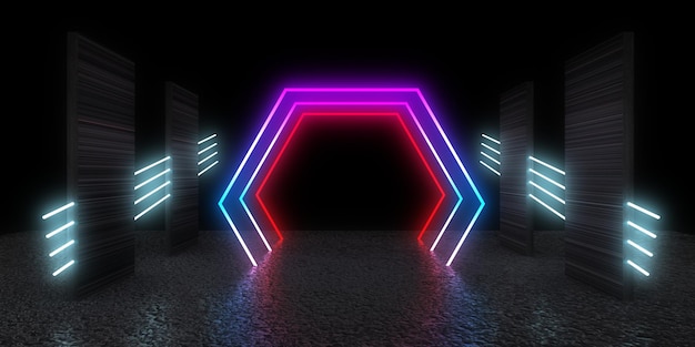 Foto 3d-abstrakter hintergrund mit neonlichtern neon-tunnelraumbau 3d-darstellung