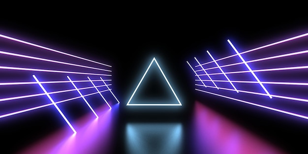 3D-abstrakter Hintergrund mit Neonlichtern Neon-Tunnelraumbau 3D-Darstellung