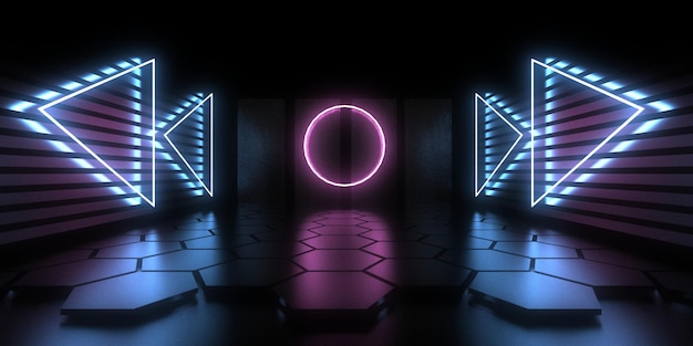 3D abstrakter Hintergrund mit Neonlichtern. Neontunnel .Raumbau . .3D-Darstellung