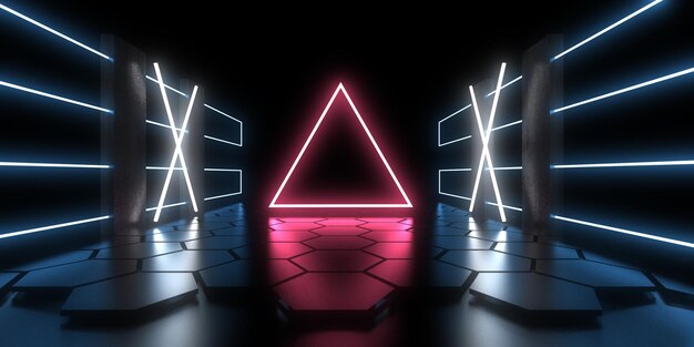 3D abstrakter Hintergrund mit Neonlichtern. Neontunnel .Raumbau . .3D-Darstellung
