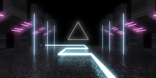 3D abstrakter Hintergrund mit Neonlichtern. Neontunnel .Raumbau . .3D-Darstellung