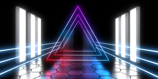 3D abstrakter Hintergrund mit Neonlichtern. Neontunnel .Raumbau . .3D-Darstellung