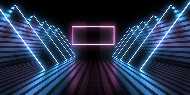 3D abstrakter Hintergrund mit Neonlichtern. Neontunnel .Raumbau . .3D-Darstellung