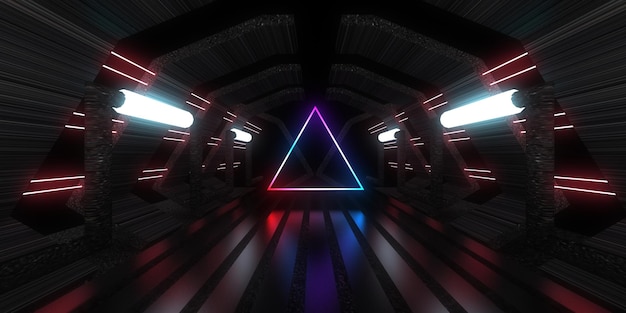 3D-abstrakter Hintergrund mit Neonlichtern Neontunnel Raumkonstruktion 3D-Darstellung