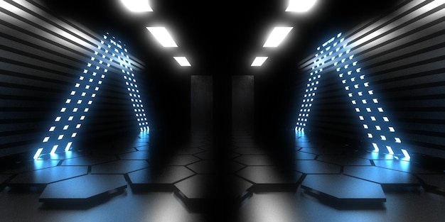 3D-abstrakter Hintergrund mit Neonlichtern Neontunnel Raumkonstruktion 3D-Darstellung