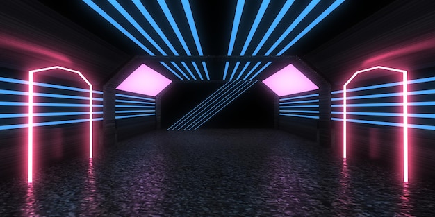 3D abstrato com luzes de neon. construção de túnel de néon .space . ilustração .3d