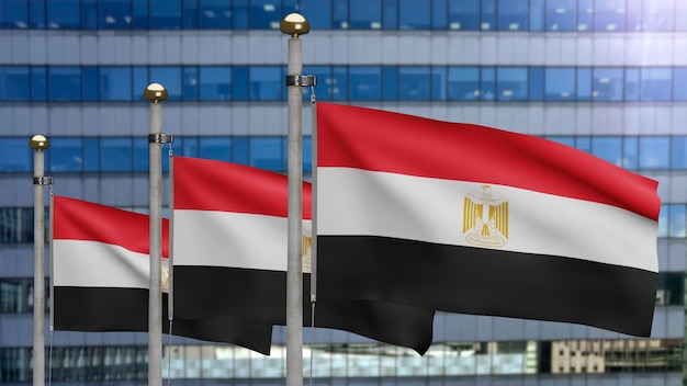 3D, ägyptische Flagge weht im Wind mit moderner Wolkenkratzerstadt. Ägypten Banner weht, weiche und glatte Seide. Stoff Textur Fähnrich Hintergrund. Verwenden Sie es für das Konzept für Nationalfeiertage und Länderanlässe.