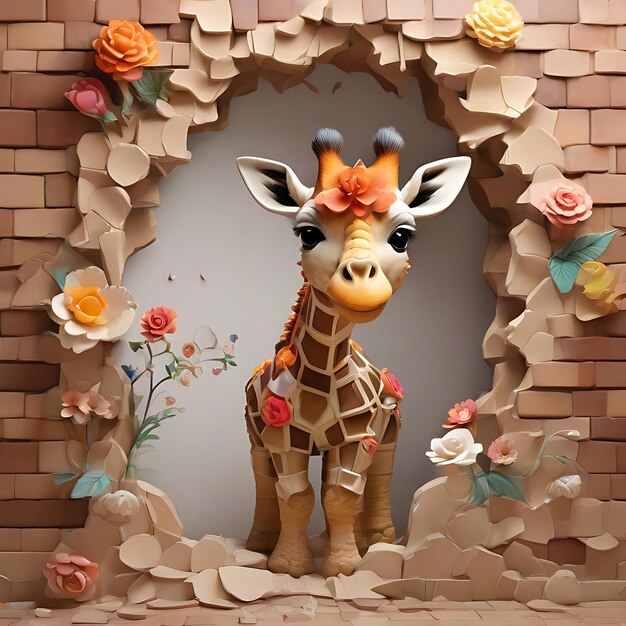3D agujero agrietado en una pared girafa linda color de fondo AI marrón