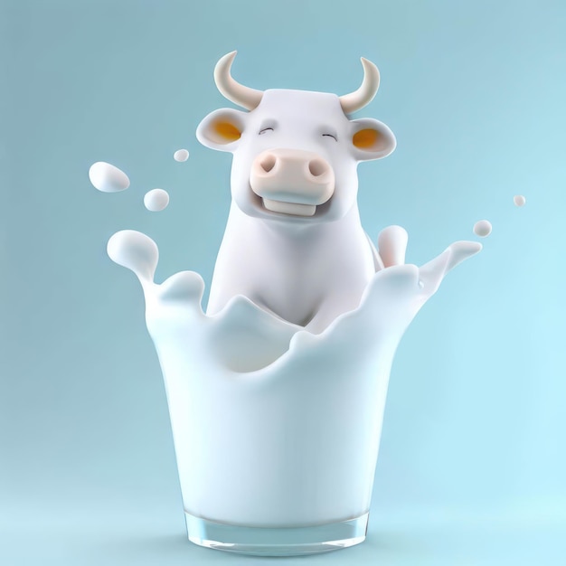 3D Ai Render de una vaca joven feliz saltando en salpicaduras de leche blanca