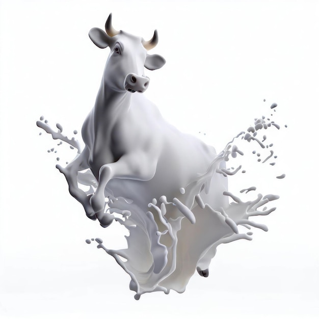 3D-Ai-Rendering einer glücklichen Kuh, die in weißen Milchspritzer springt