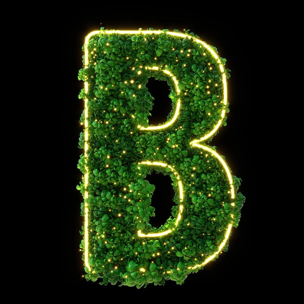3d alfabeto letra B Planta verde neón brillante hojas hierba musgo albahaca menta Aislado sobre fondo negro con Clipping Path 3d ilustración