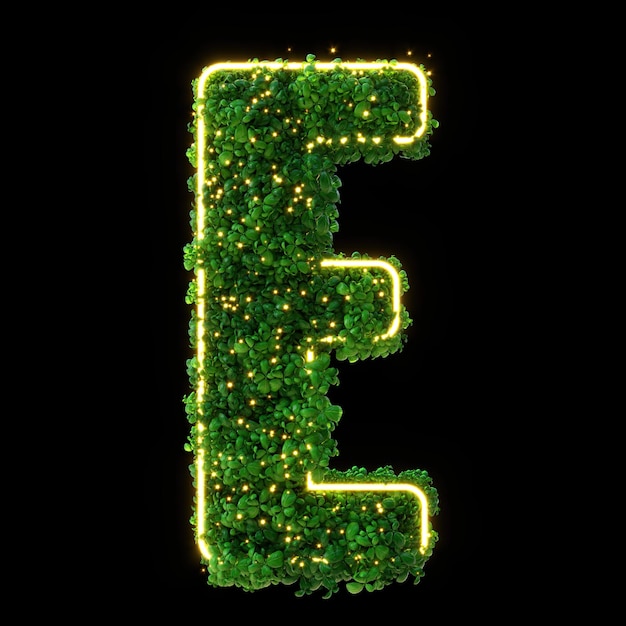 3d alfabeto letra E planta verde brillante neón hojas hierba musgo albahaca menta aislado sobre fondo negro con Clipping Path 3d ilustración