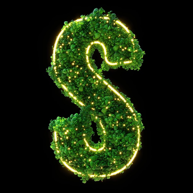 3d alfabeto letra S Planta verde brillante neón hojas hierba musgo albahaca menta Aislado sobre fondo negro con Clipping Path 3d ilustración