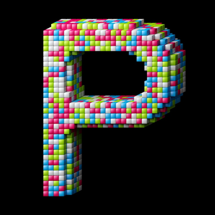 Foto 3d alfabeto pixelado letra p