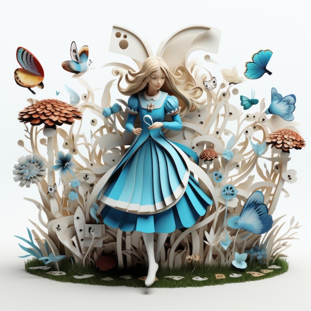 Foto 3d-alice im wunderland papierskulptur mit schmetterlingen und blumen