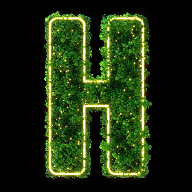 3D-Alphabet Buchstabe H Grüne Pflanze leuchtende Neonblätter Gras Moos Basilikum Minze isoliert auf schwarzem Hintergrund mit Beschneidungspfad 3D-Darstellung