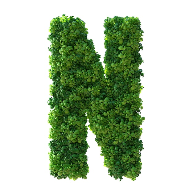 3D-Alphabetbuchstabe N. Grüne Pflanze, Blätter, Gras, Moos, Basilikum, Minze. Beschneidungspfad.