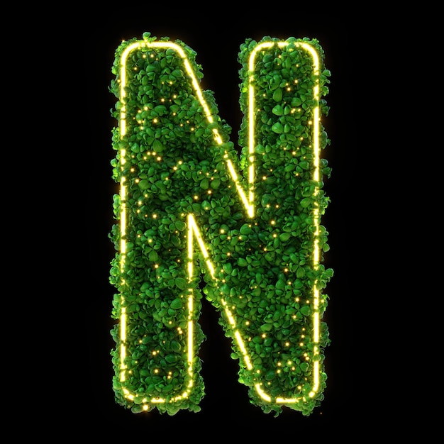 Foto 3d-alphabetbuchstabe n grüne pflanze leuchtende neonblätter gras moos basilikum minze isoliert auf schwarzem hintergrund mit beschneidungspfad 3d-darstellung