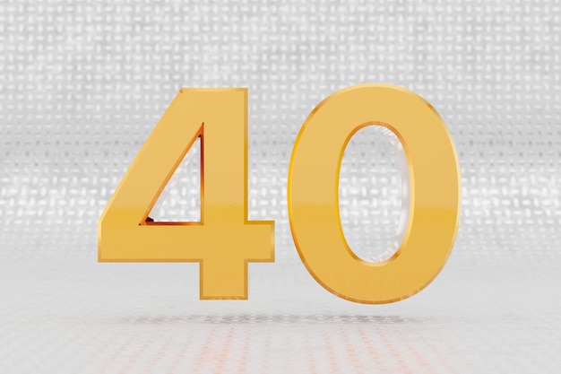3d amarelo número 40. Número metálico amarelo brilhante no fundo do piso de metal. Alfabeto de metal dourado brilhante com reflexos de luz de estúdio. Personagem de fonte renderizada 3D.