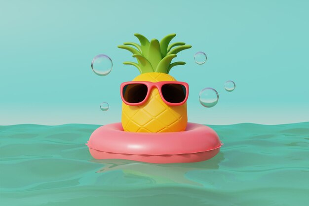 3D-Ananas mit Sonnenbrille mit aufblasbarem Ring im Meer schwimmend Tropischer Sommerstrand an einem sonnigen Tag Sommerurlaub 3D-Rendering